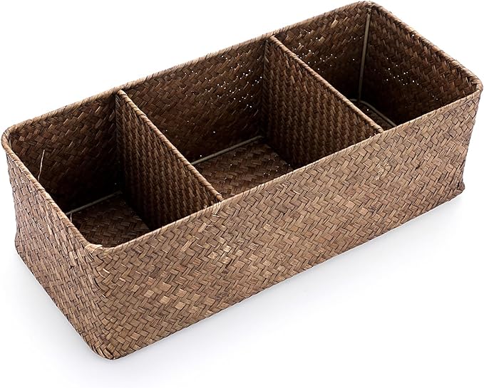 ELLDOO Coffee Pod Holder, Large Capacity Coffee Pod Organizer for K Cup Nespresso Pods, Hand-Woven Seagrass Storage Basket, 3-Section Wicker Baskets for Shelves Closets, Coffee