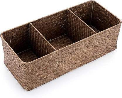 ELLDOO Coffee Pod Holder, Large Capacity Coffee Pod Organizer for K Cup Nespresso Pods, Hand-Woven Seagrass Storage Basket, 3-Section Wicker Baskets for Shelves Closets, Coffee