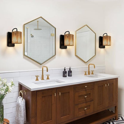 Boho Wall Sconce, Rattan Wall Light Fixtures with Hemp Rope Sconces for Living Room Bathroom Hallway Rustic Bohemian Modern Woven Scocne E26 10inch