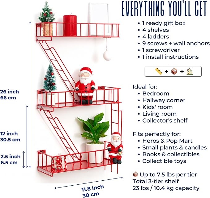Fire Escape Wall Shelf – New York Decorative Floating Shelf – Wall Art Ladder Shelf – Red Metal Trinket Shelves for Bedroom, Home, Office, Storage and Display (3-Tier)