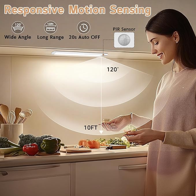 Under Cabinet Lighting Wireless, 4Pack Motion Sensor Light Indoor with 3 Color Temps, Dimmable Closet Lights Battery Operated, LED Magnetic Light, Rechargeable Under Counter Lights for Kitchen Stairs