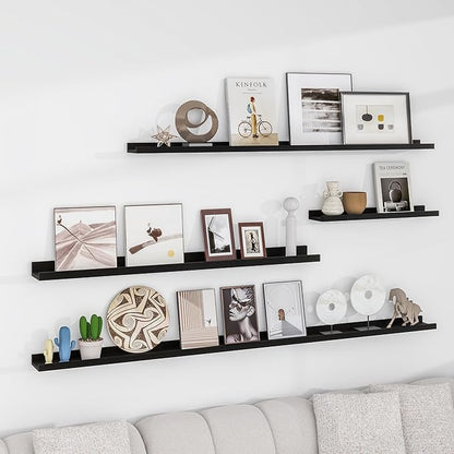 Picture Ledge Shelf for Wall, 24 inch Solid Ash Wood Nursery Book Shelves 2 Packs, Floating Shelves for Kids' Room Bedroom Bathroom Living Room Photo Frames Office Nursey Wall Decor, Black