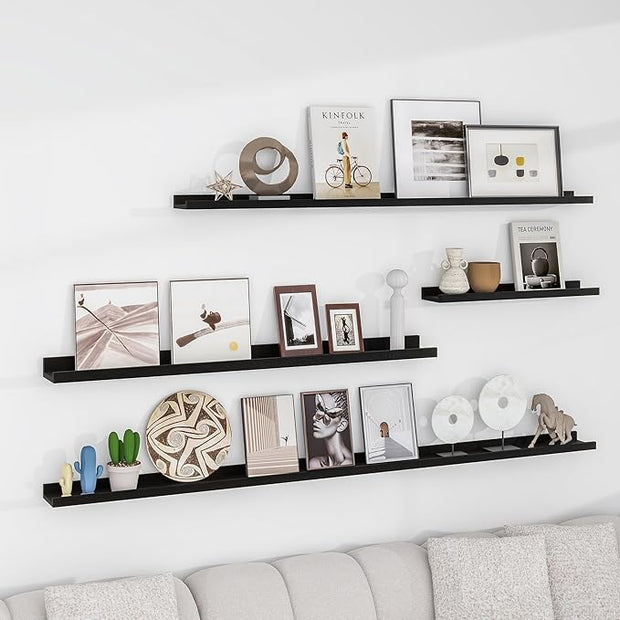 Picture Ledge Shelf for Wall, 24 inch Solid Ash Wood Nursery Book Shelves 2 Packs, Floating Shelves for Kids' Room Bedroom Bathroom Living Room Photo Frames Office Nursey Wall Decor, Black
