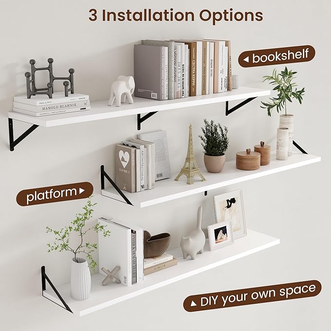 Axeman Floating Shelves for Wall White - 55 Inch Wide x 12 Inch Deep Wall Shelves Set of 2 - White Deep Wood Floating Shelves for Living Room Bedroom Laundry Room