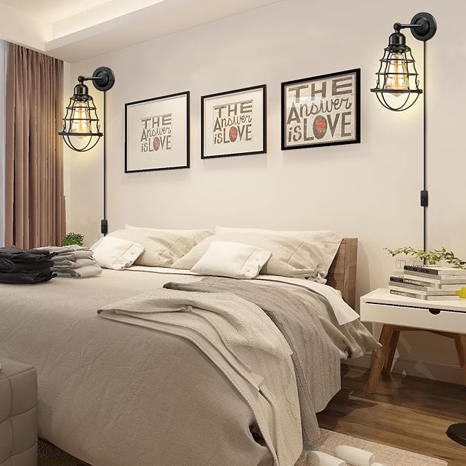 Plug in Wall Sconces 2pack, Industrial Wall Lamp with Plug in Cord, Farmhouse Wall Sconces, Wire Cage Wall Sconce, Vintage Wall Mounted Lamp, Plug in WallLighting Sconce, Black