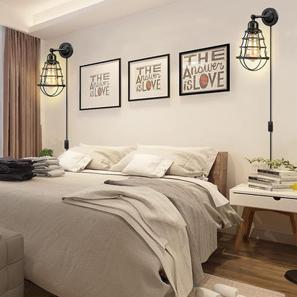 Plug in Wall Sconces 2pack, Industrial Wall Lamp with Plug in Cord, Farmhouse Wall Sconces, Wire Cage Wall Sconce, Vintage Wall Mounted Lamp, Plug in WallLighting Sconce, Black