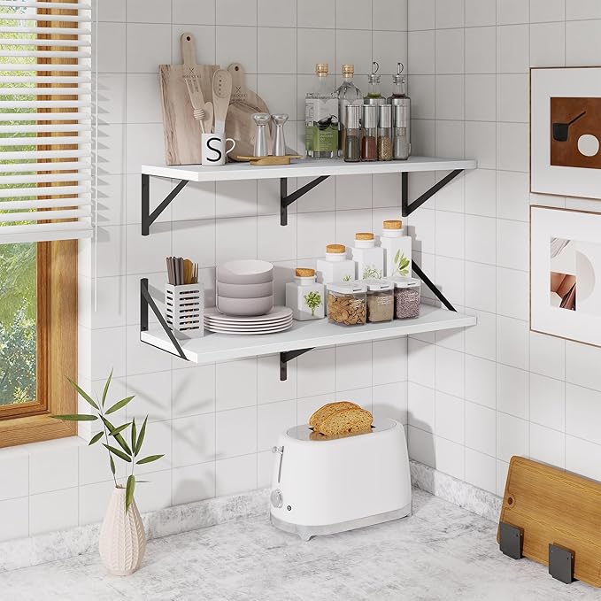 Floating Shelf for Wall,32" WX10 D Wood Floating Shelves with Sturdy Metal Bracket Set of 2,Wall Mounted Hanging Shelf for Bathroom,Bedroom,Kitchen,White