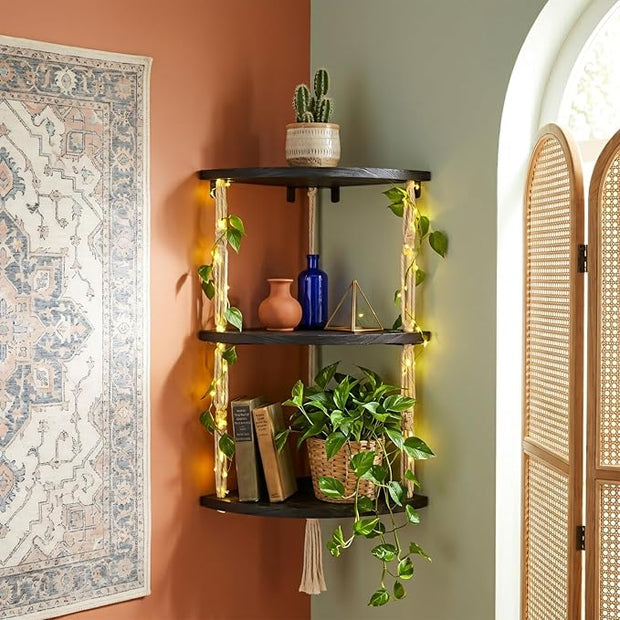 3-Tier Corner Floating Shelves with Aesthetic Greenery & Fairy Lights - Premium Wood-Textured Boho Wall Hanging Shelf - Stable L-Bracket Support for Home Decor, Office & Small Spaces