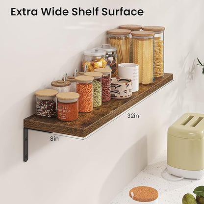 Marsmiles Extra Wide Floating Shelves for Wall, 32x8 Inch Natural Wood Grain Bookshelves, Heavy Duty Mounted Shelving for Bathroom, Kitchen, Living Room, Bedroom,Set of 2，Rustic Brown