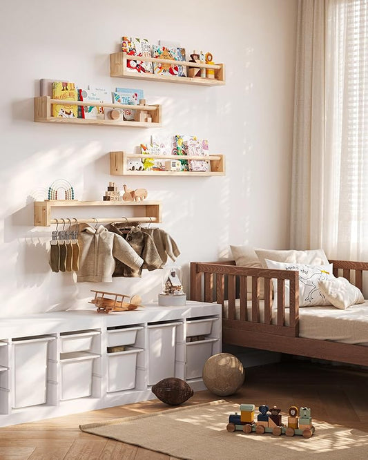 Nursery Book Shelves, 4 Pack, Wall Book Shelves for Kids Room, Baby, Toddler, Nursery Decor (Wood, 23 Inches)