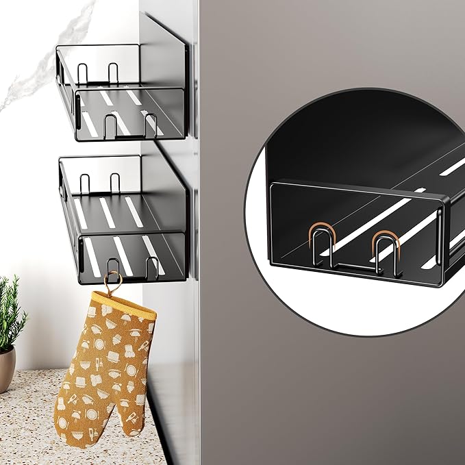 16.9 Inch Wide Large Capacity Magnetic Spice Rack for Refrigerator, 2 Pack Metal Fridge Shelf, Black