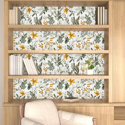 Green/Yellow Leaf Wallpaper Peel and Stick,Vintage Floral Contact Paper, Botanical Leaves Wall Paper Self Adhesive Removable Waterproof for Room Bedroom Shelves Cabinet Table Decor 17.5" x 118"