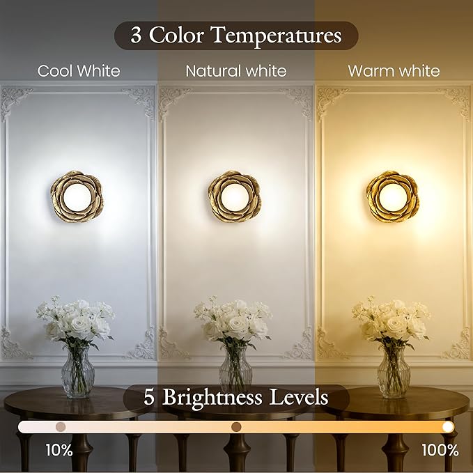 AELS Battery Operated Wall Sconces Set of 2, Vintage Gold Wireless Wall Lights with 3 Color Temps & Dimmable RGB Mode, Rechargeable with Detachable LED Bulbs & Remote for Bedroom Living Room，Floral