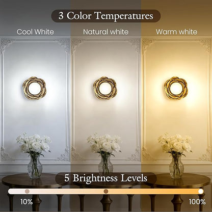 AELS Battery Operated Wall Sconces Set of 2, Vintage Gold Wireless Wall Lights with 3 Color Temps & Dimmable RGB Mode, Rechargeable with Detachable LED Bulbs & Remote for Bedroom Living Room，Floral