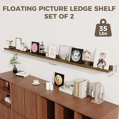 Axeman 72 Inch Floating Shelves | Picture Ledge Shelf Set of 2 | Rustic Brown Wall Shelves with Lip | Brown Picture Shelf for Wall with Ledge | Photo Ledges 72 Inch