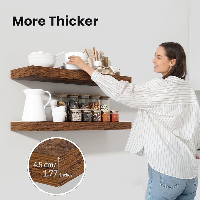 Heimlove 36 Inch Floating Shelves for Wall,10 Deep Brown Wood Shelves with Invisible Brackets,Wall Mounted Storage & Display Shelves for Bedroom,Living Room,Kitchen,Office