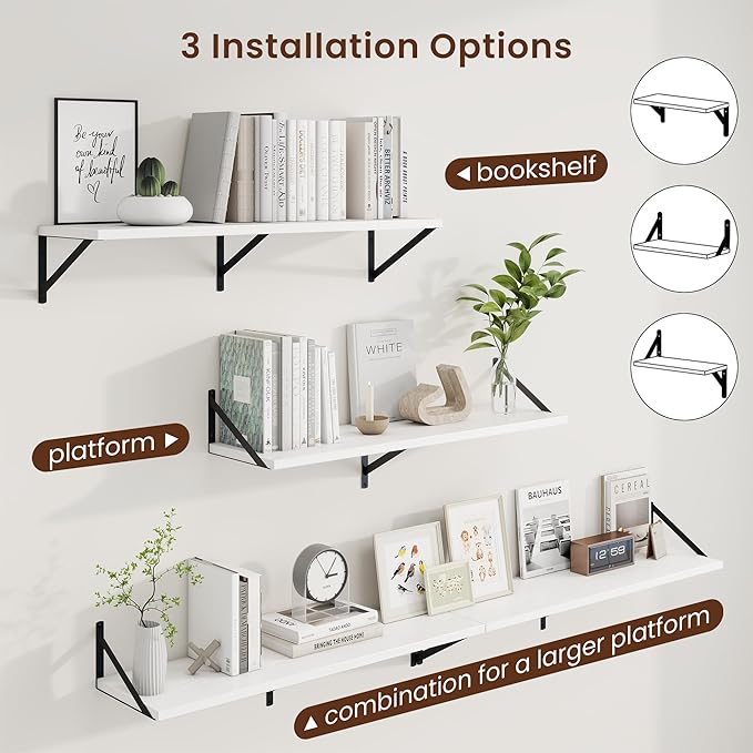 Axeman Deep Floating Shelves | 36 Inch White Wall Shelves Set of 2 | 10 Inch Deep Wood Floating Shelves for Wall | 36