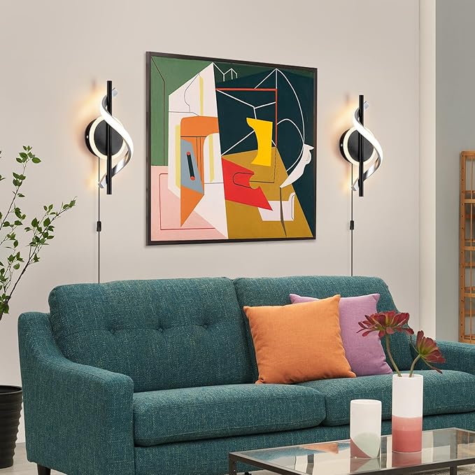 Black Plug in Wall Sconces Sets of 2, 12W Modern Spiral LED Wall Lamp, 3000K Warm White Wall Light Fixture for Stairs Living Room Bedroom Aisle Hallway