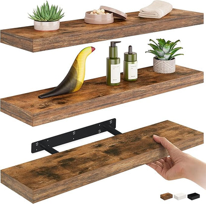 Ballucci Floating Shelves for Wall, 24" Wood Shelf Set of 3, Invisible Brackets Floating Shelf for Wall Decor Living Room, Bathroom, Bedroom, Kitchen, 6" Depth, Rustic Brown