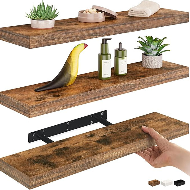 Ballucci Floating Shelves for Wall, 24" Wood Shelf Set of 3, Invisible Brackets Floating Shelf for Wall Decor Living Room, Bathroom, Bedroom, Kitchen, 6" Depth, Rustic Brown