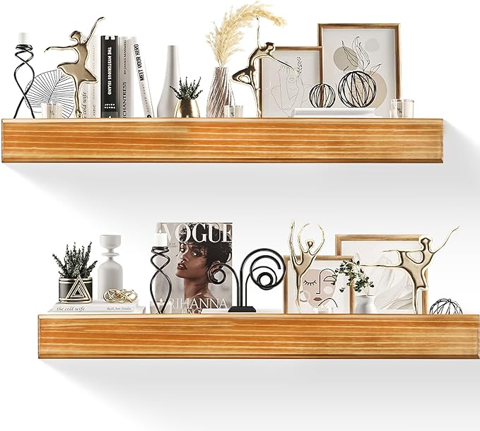 32 Inch Picture Ledge Shelf with Lip,Floating Shelves for Wall, Set of 2 Solid Pine Wood Shelves with Invisible Brackets, Wall Storage for Living Room, Bedroom, Kitchen, Bathroom(Carbonized Brown)