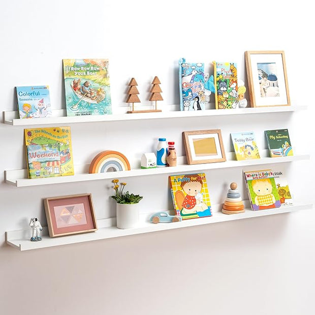 Axeman Picture Ledge Shelf | 55 Inch White Floating Shelves Set of 3 | Rustic Wood Wall Shelves with Lip | 55" White Picture Shelf for Wall with Ledge | Photo Shelves