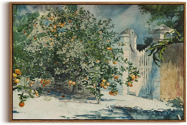 OIQArtOIQ Framed Vintage Landscape Wall Art Orange Trees Still Life Oil Painting Canvas Prints Country Farmhouse Aesthetic Decor Pictures for Kitchen Bedroom Living Room Bathroom