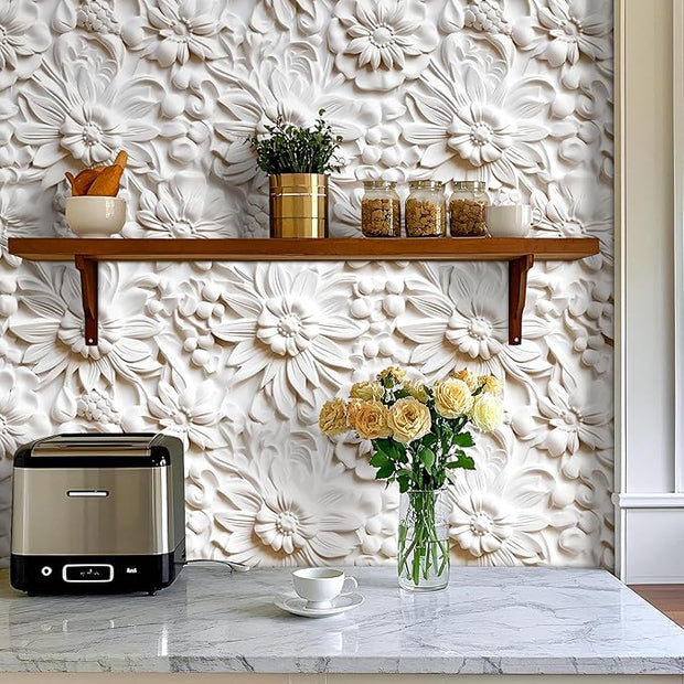 Off White Wallpaper Modern Faux Embossed Contact Paper Peel and Stick White Floral Contact Paper for Bedroom Bathroom Ceiling Stick on Wall Art Deco Wallpaper Removable Self Adhesive 17.5"x80"