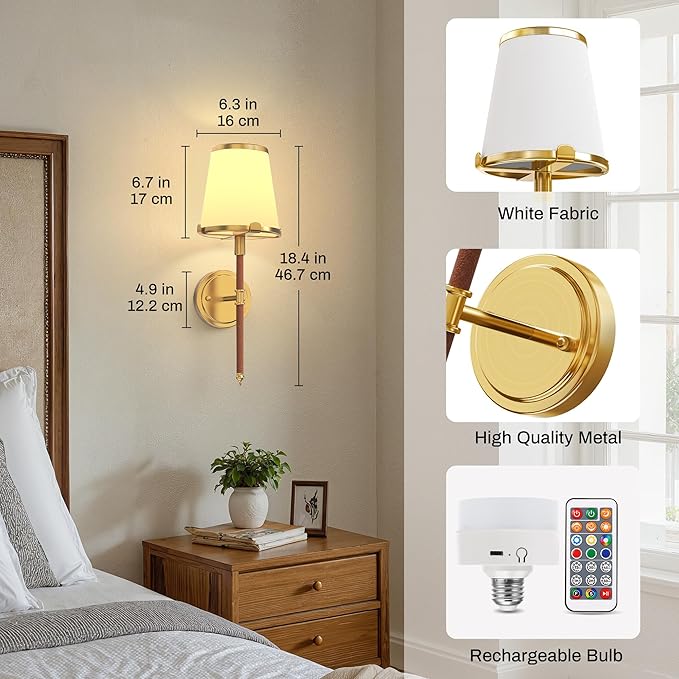 DORESshop Battery Operated Wall Sconce Set of 2, Wireless Wall Light Easy to Install, 7 Color Rechargeable Wall Sconces, Sconce Wall Decor Set of 2 for Bedroom, Living Room, Gold and Leather, 18.7in