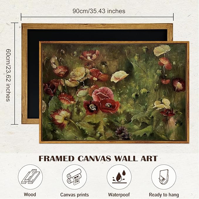 SHENIFY 24x36in Large Vintage Landscape Framed Canvas Wall Art Poppies Flower Classic Wall Prints Modern Kitchen Bathroom Office Decor - Natural Framed