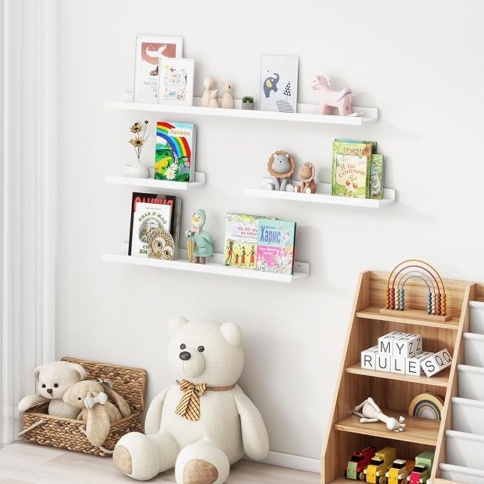 Picture Ledge Shelf for Wall, 24 inches Solid Pine Wood Nursery Book Shelves 3 Packs, Floating Ledge Shelves for Kids' Room Bedroom Bathroom Living Room Photo Frames Office Nursey Wall Decor, White