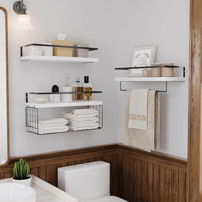 White Wood Floating Shelves Wall Mounted - 3+1 Tier Rustic Bathroom Wall Shelves Over Toilet with Wire Storage Basket & Towel Bar, set of 3 Farmhouse Floating Shelf for Bathroom,Kitchen,Bedroom