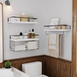 White Wood Floating Shelves Wall Mounted - 3+1 Tier Rustic Bathroom Wall Shelves Over Toilet with Wire Storage Basket & Towel Bar, set of 3 Farmhouse Floating Shelf for Bathroom,Kitchen,Bedroom