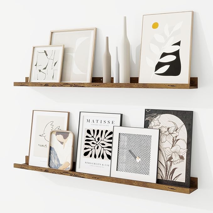 RICHFOCUS Picture Ledge Shelf, 36 inch Floating Shelves Set of 2, Wood Wall Shelves with Lip, Wall Decor Storage for Bedroom Living Room Bathroom Kitchen Nursery Photo Picture, Rustic Brown