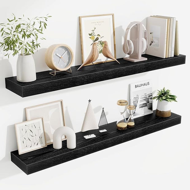 Fun Memories 40 Inch Floating Shelves, Long Wood Wall Shelf Set of 2 with Invisible Brackets, for Bathroom, Living Room, Bedroom, Kitchen, Black