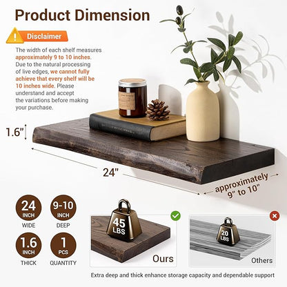 fuqing Live Edge Floating Shelves for Wall - Rustic Solid Elm Wood Floating Shelves 24 Inch - 9 Inch Deep Natural Wooden Wall Shelves with Upgraded Heavy Duty Brackets and Anchors