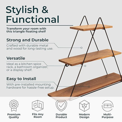 Triangle Decorative Wall Shelf – 3-Tier Metal & Wood Home Decor Floating Display Shelf – Modern Wall Shelves for Bathroom, Bedroom & Living Room – Brown & Black, 20"
