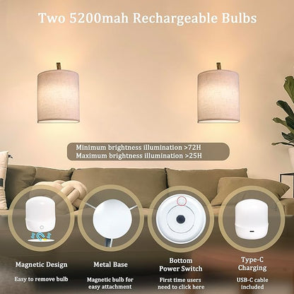 Battery Operated Wall Sconces Set of 2 Rechargeable Wall Lights with Remote Dimmable Magnetic LED Bulbs12 RGB Colors and Timer Wireless Sconces for Bedroom Living Room