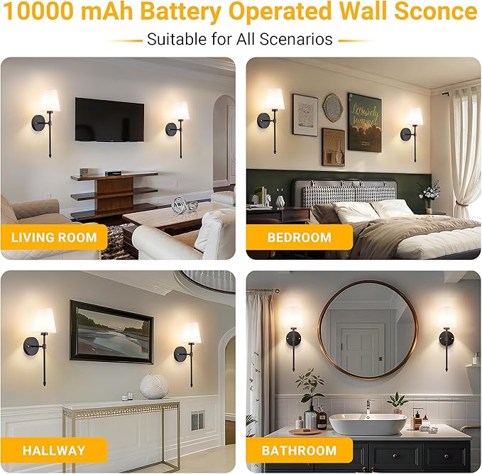 Peel and Stick Wall Sconces, Stick On Wall Sconce Set of 2, Battery Operated Wireless Wall Light, No Drill Adhesive Wall Lamp, Corn Bulb with 10000mAh Rechargeable Battery, Bedroom Wall Decor