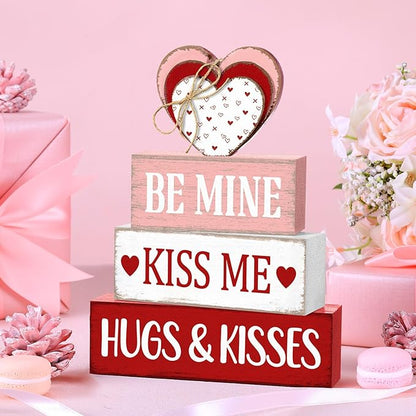 Marsui 4 Pcs Valentine's Day Decorations for Home Heart Table Decor Rustic Distressed Wooden Signs Valentines Centerpieces Blocks Farmhouse Valentines Tiered Tray Decor for Desk Shelf Mantel Indoor