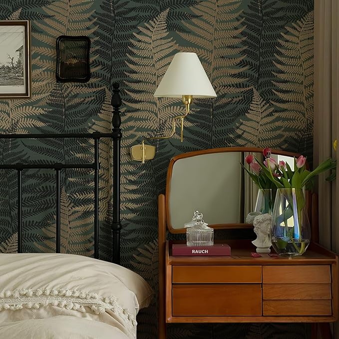 JiffDiff Botanical Fern Wallpaper 236.22" x17.7" Leaf Peel and Stick Wallpaper Green Grunge Ferns Removable Botanical Greenery Self Adhesive