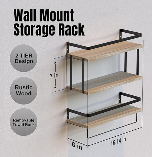 RICHER HOUSE 2+1 Tier Wall Mounted Floating Shelves Set of 2, Rustic Wood Wall Shelf with Metal Frame, Extra Storage Rack for Bathroom, Kitchen, Bedroom with Tissue Rack & Towel Bar - Rustic Wood