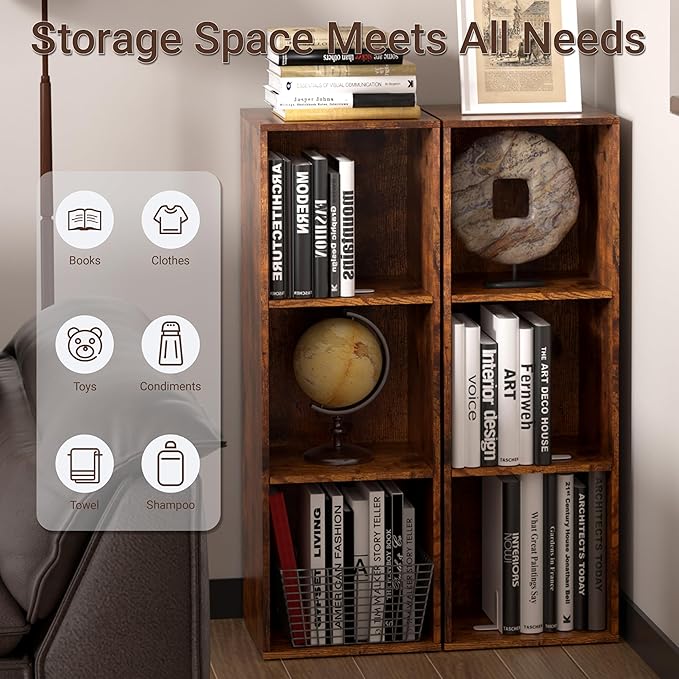 3 Cube Storage Organizer, 3 Tier Cube Low Bookcase Freestanding Storage Display Organizer, Three-Cubes Open Shelf Bookshelf for Home Office (Retro Brown, 3-Cube)