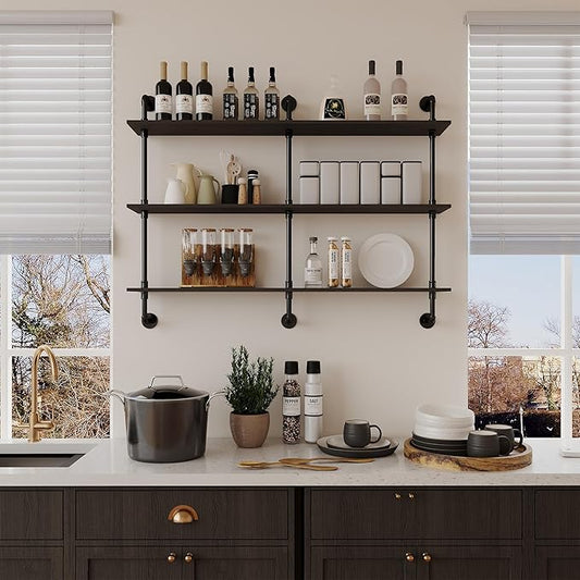 3-Tier Industrial Pipe Floating Shelf – Rustic 60 inch Wood Wall-Mounted Storage Shelf for Kitchen Office,Bathroom & Home Decor -Black