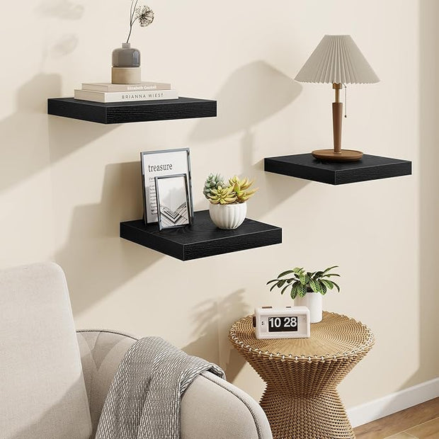 Marsmiles Square Floating Shelves for Wall, 8" W x 8" D x 1.25" H, 3 Pack Small Wall Mounted Engineered Wood Shelves with Invisible Brackets for Living Room, Bedroom, Bathroom, Kitchen Decor, Black