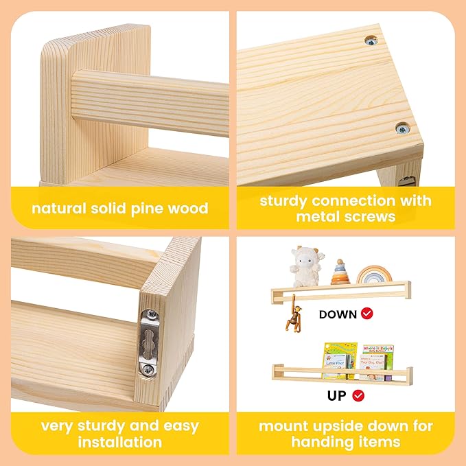 Fun Memories Nursery Book Shelves - Rustic Natural Solid Wood Floating Bookshelf for Kids - Wall Book Shelves for Kids Room (Natural, 32inch - 2P)