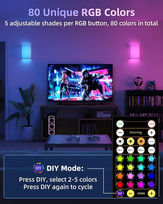 EZVALO Battery Operated Wall Sconce, Rechargeable Wall Sconces Set of Two with Remote, 3 Color & 80 RGB Wireless Wall Lights, Dimmable, Timer, Fabric Linen Shade Wall Decor for Bedroom, Living Room
