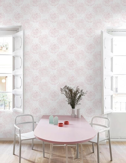 Peel and Stick Wallpaper Geometric Boho Wall Paper White Pink Fireworks Contact Paper 17.3"×197" Self-Adhesive Round Wallpaper for Bedroom Waterproof Removable Shelf Liner Decal Vinyl Roll