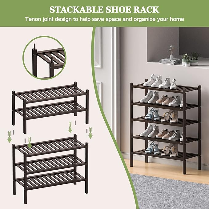 2 Tier (Thick) Bamboo Shoe Rack for Closet Free Standing Wood Shoe Shelf for Entryway Small Space Stackable 27