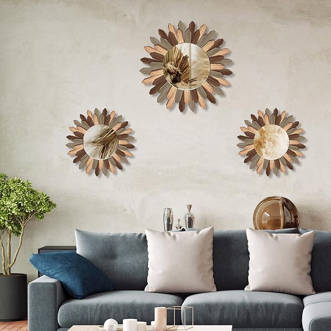 3 Pcs Boho Wall Decor Round Sunburst Mirror Boho Circle Mirror with Rustic Wood Frame Decorative Hanging Wall Art for Farmhouse Home Decor,17 Inch and 12 Inch(Tril Color)